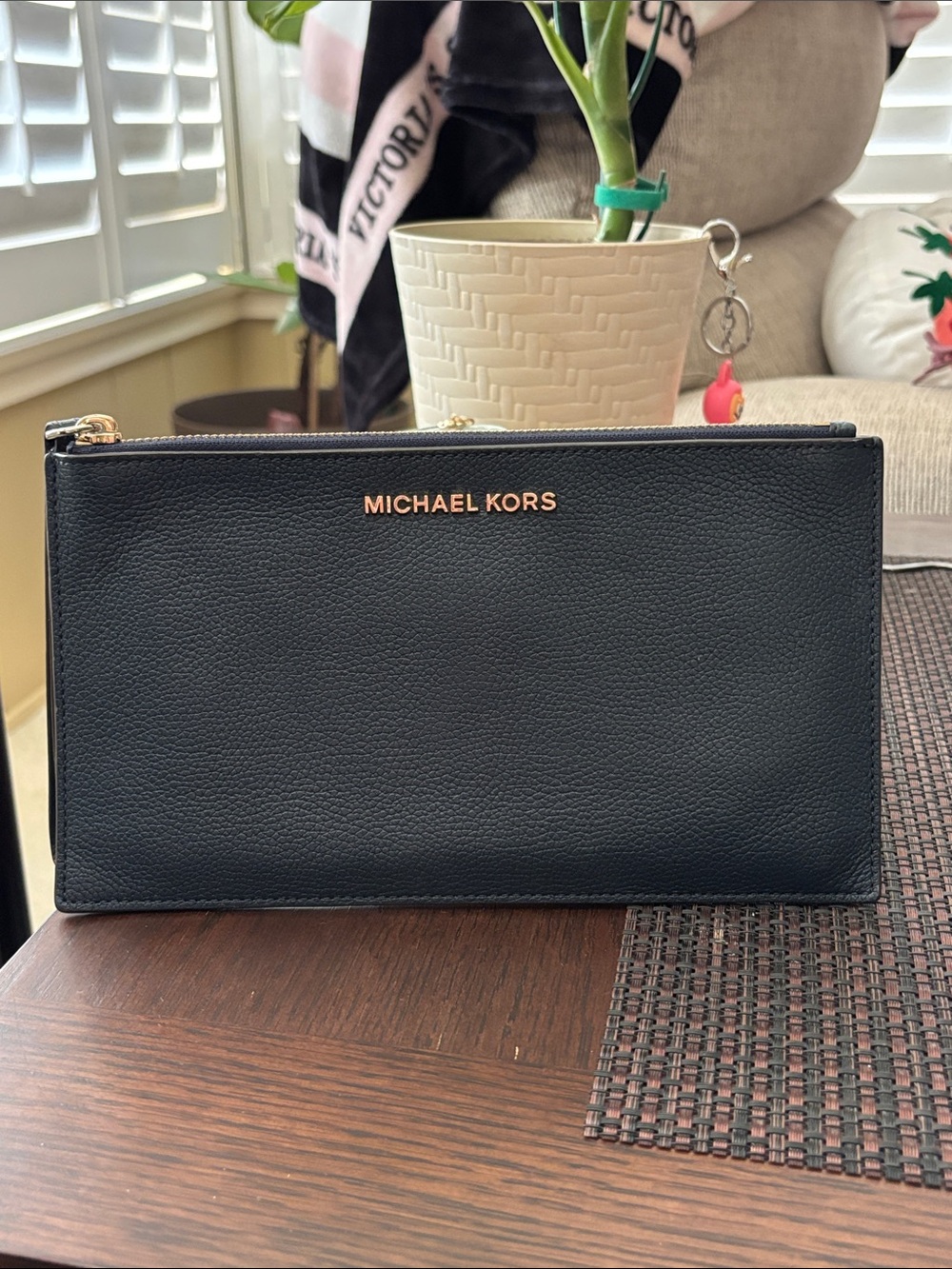 Michael Kors Navy Pebbled Leather Zip-Top Wallet with Gold Logo